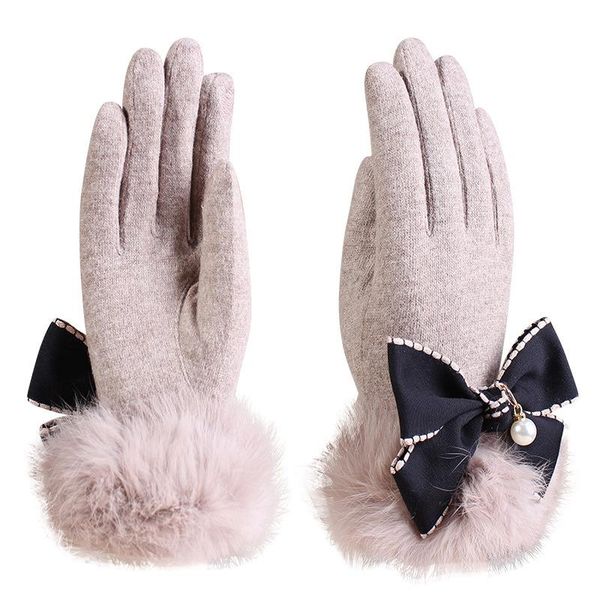 

five fingers gloves women winter wool add cashmere keep warm touch screen thicken bow pearl decoration plush soft female elegant, Blue;gray
