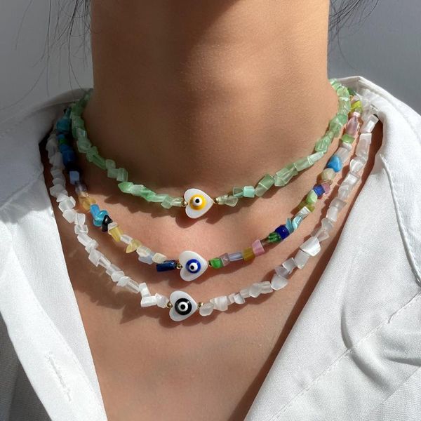 

chokers flatfoosie 2021 trendy evil eye heart pendant necklace for women irregular natural stone turquoises choker boho jewelry, Golden;silver
