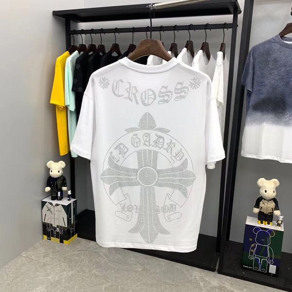 

hearts/chrome croosin summer new fashion brand ch back cross sanskrit letter drill round neck men's and women's short sleeve t-s, White;black