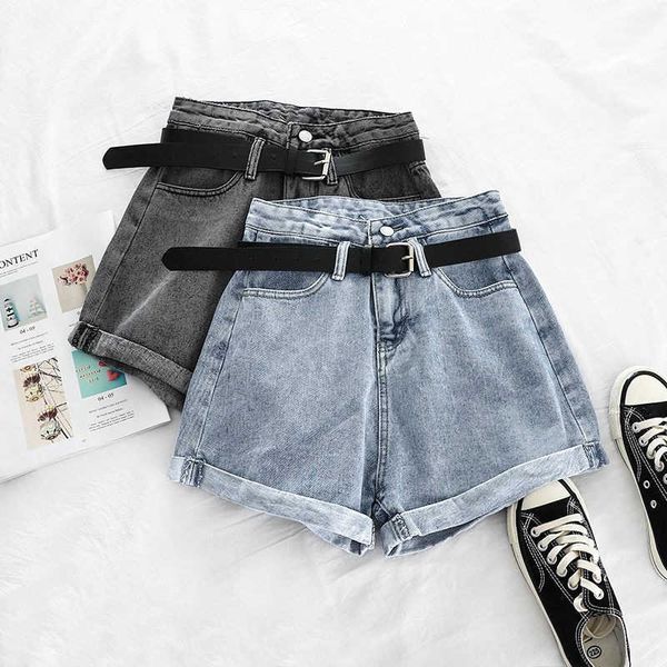 

korean summer women jeans shorts high waist loose harajuku zipper lady short plus size n0012 210616, Blue
