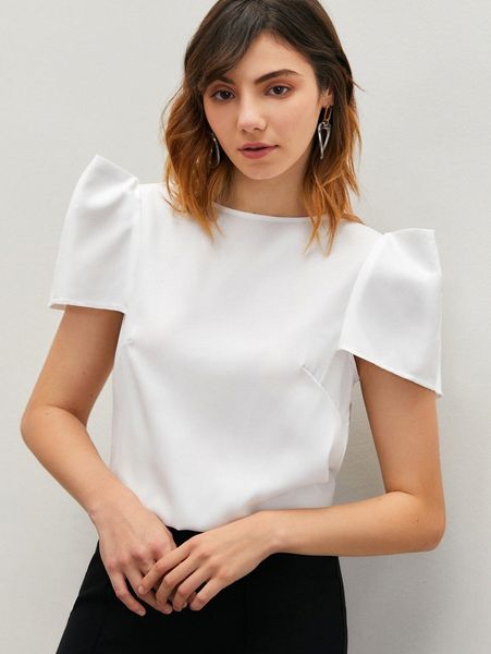 

x mina solid puff sleeve keyhole back blouse z30o#, White