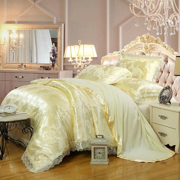 

bedding sets lace edge satin duvet cover bed sheet pillowcases  king size chic jacquard embroidered home luxury decor set