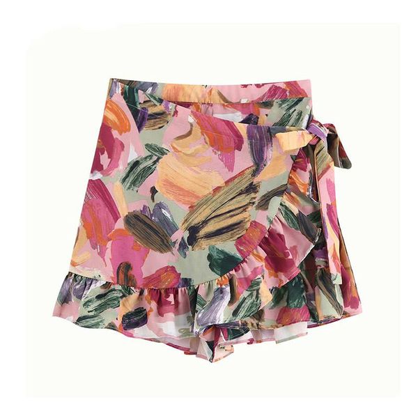 

women's shorts women 2021 fashion high waist side bow tie sashes zipper skort pantalones vintage stylish floral print ruffles skirts, White;black