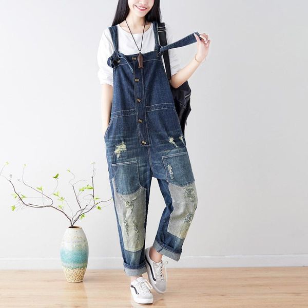 

women's jumpsuits & rompers spring retro women large size denim ladies casual pocket button hole panelled loose overalls, Black;white