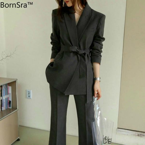 

bornsra 2021 office ladies blazer suit dark gray slim women pant korean jacket & high waist casual female 2 pieces set women's two piec, White