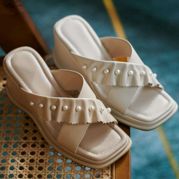 

slippers genuine leather female 2021 summer wedged platform high heels sandals fashion women party basic shoes woman, Black