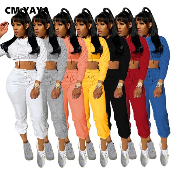 

activewear womens set hooded sweatshirt crop jogger pant set sporty trasuit fitness matching two piece outfitsby air, White
