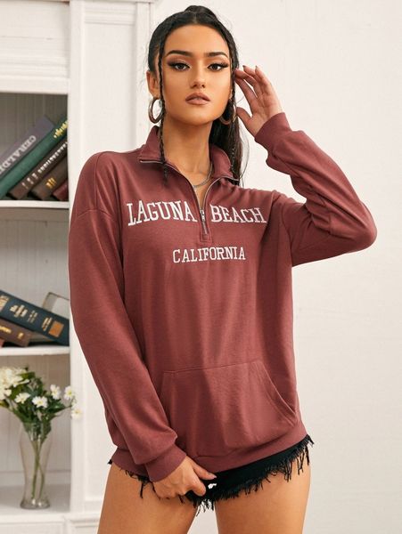 

letter embroidery half zip drop shoulder sweatshirt f71h#, White;black