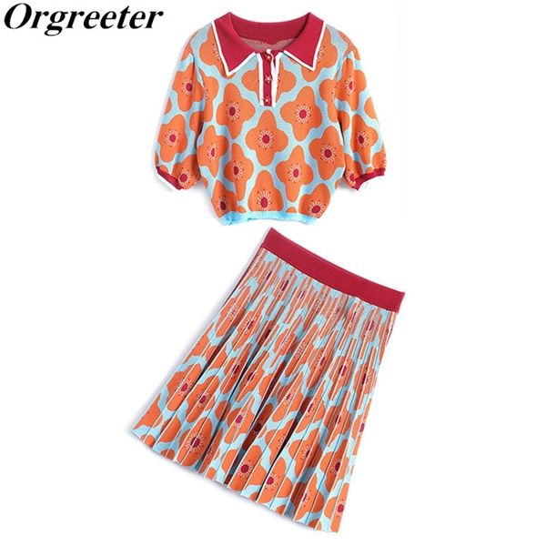 

chic design sweet flower jacquard puff sleeve knitted 2 piece set women lapel sweater and asymmetry pleated skirt suits 210525, White