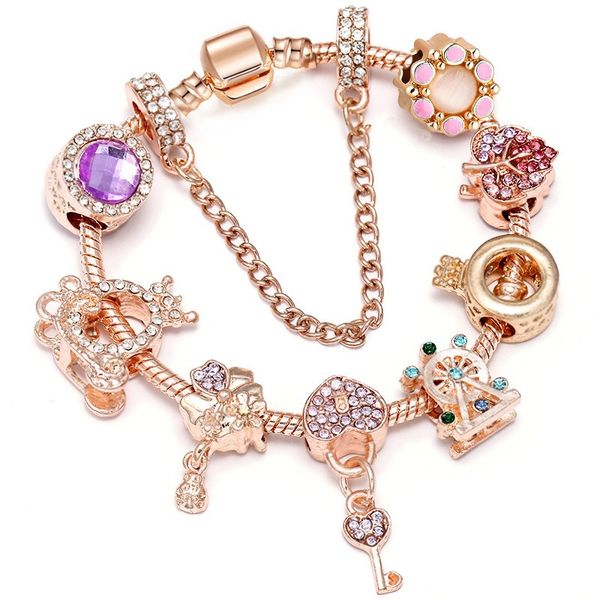 

fashion sterling silver rose gold heart locker murano lampwork glass & european charm beads imperial crown crystal dangle fits pandora charm, Black
