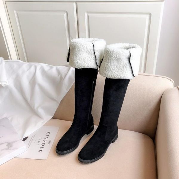 

boots women suede black leather thigh high snow warm fur winter flat heel long