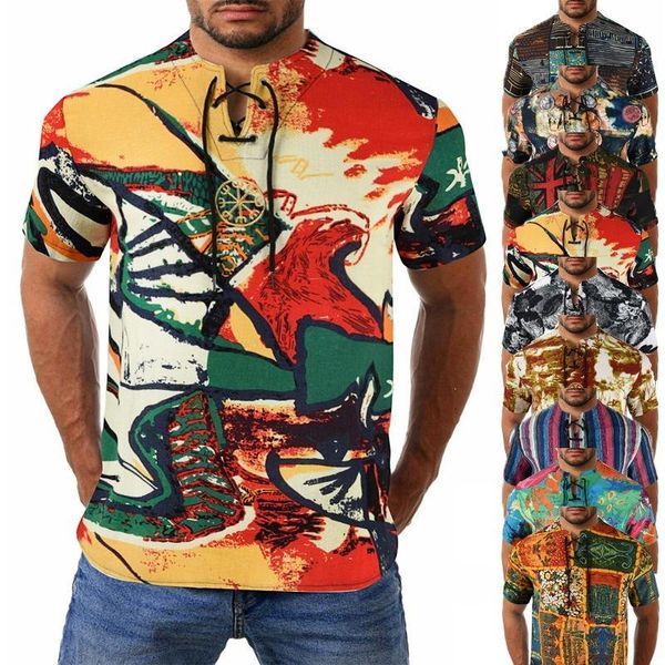 Männer Casual Hemden Männer O Neck T Shirt Baumwolle Leinen Stickerei Kurzen Ärmeln Mode 3D Druck Bluse Pullover Tees masculinas