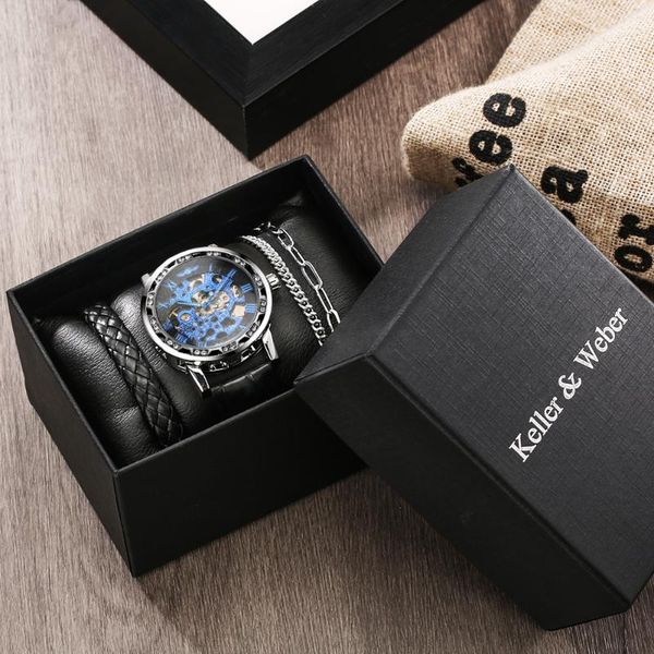 

wristwatches business men mechanical bracelet set luxury diamond luminous pointer hand-winding wrist watch gift for husband, Slivery;brown