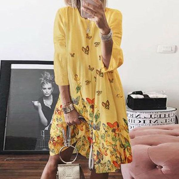 

vintage women long sleeve dress autumn o-neck printed knee-length dresses ladies loose sundress streetwear plus size casual, Black;gray