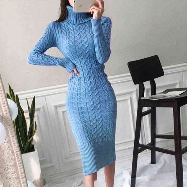 2021 Inverno Engrossar Turtleneck Sweater Maxi Vestidos Mulheres Bodycon Malha Cor Sólida Plus Tamanho Vestido Feminino Knitwear Vestidos G1214