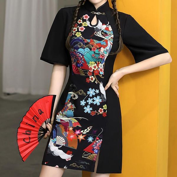 

ethnic clothing chinese style young girl cheongsam cosplay party costume cool black print qipao silm short sleeve vestidos vintage dres, Red