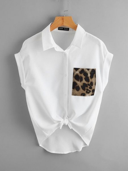 

rolled cuff leopard patch pocket blouse c4lg#, White