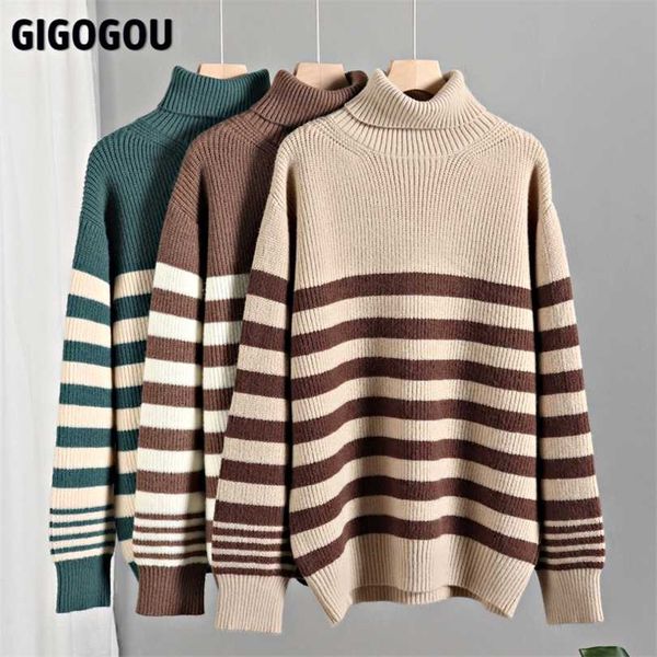 

gigogou casual loose striped women turtlneck sweater winter thick warm cashmere pullovers soft female knitted jumpers pull 211018, White;black