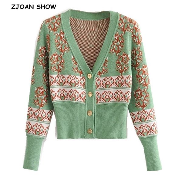 

france green jacquard flower slim v neck cardigans women sweater retro buttons long sleeve knitting vintage 210429, White;black