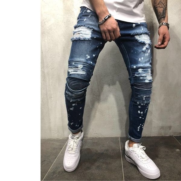 

70% off outlet online jeans for men gradient color ripped casual slim fit skinny printing motor biker hip hop zipper brand, Blue