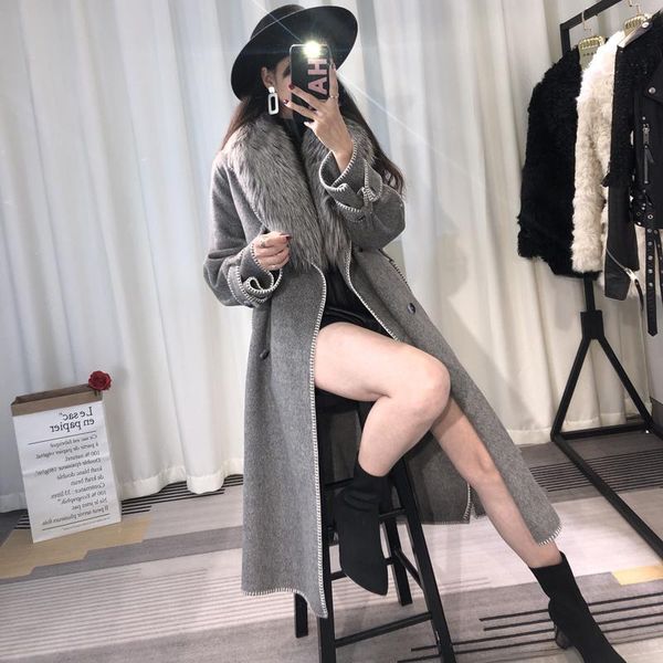 

women's fur & faux 2021 fashion design autumn winter female long trench coat genuine wool with real collar women outwear, Black