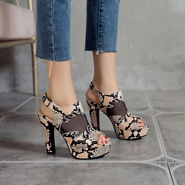 

sandals thick heel high heels women's serpentine metal buckle waterproof platform night club fish mouth european and american la, Black