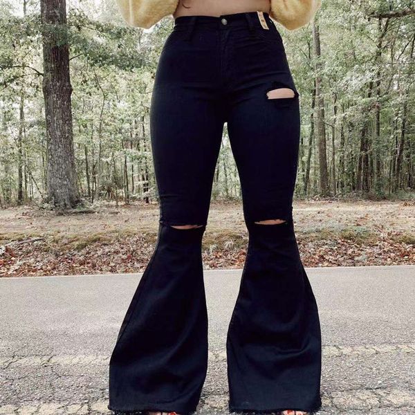 

fashion knee hole elastic tight denim pants, Blue