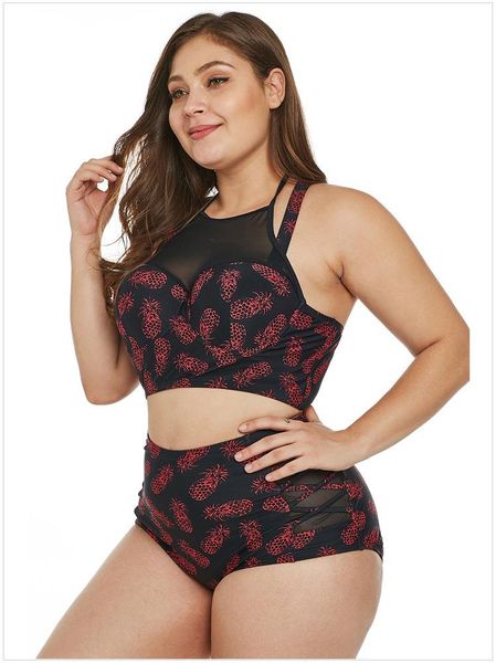 

one-piece suits swimsuit women's two-piece suit european american spring mesh stitching printing plus large size split