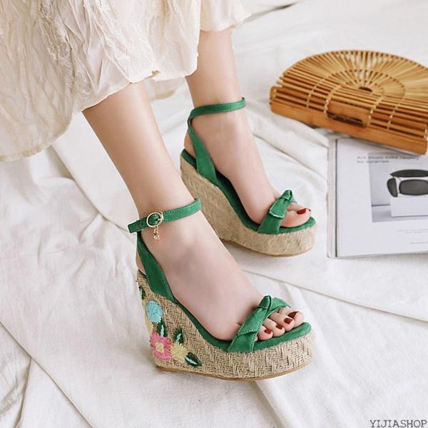 

women's sandals year summer shoes plus size fashion embroidered bow wedge flowers thick bottom, Black