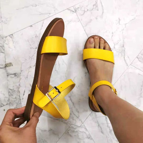 

women summer gladiator sandals beach flat with shoes 2021 buckle strap leather sandal leopard yellow fashion female footwear y0721, Black