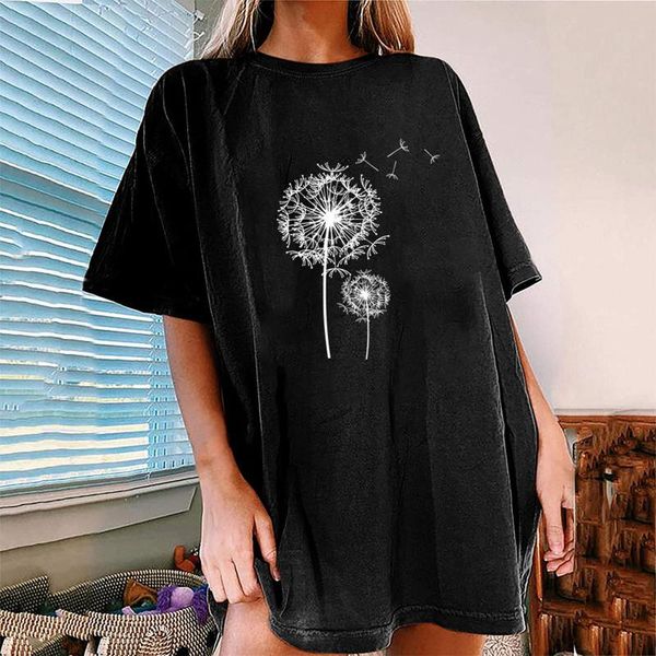 

women's t-shirt summer dandelion print t-shirts casual short sleeve black loose tee shirt femme t women 2021 oversized, White
