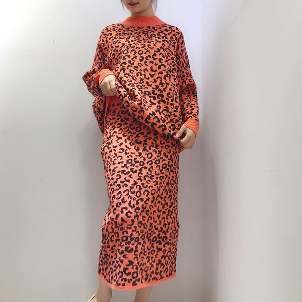 

two piece dress [ewq] 2021 autumn full sleeve o neck plus size knit leopard sweater high waist all-match skirt 2-piece set 3 color 16n-a168, White