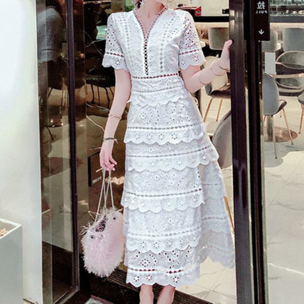 

casual dresses women's elegant layers ruffles summer short sleeve cake slim white lace dress ifdt, Black;gray