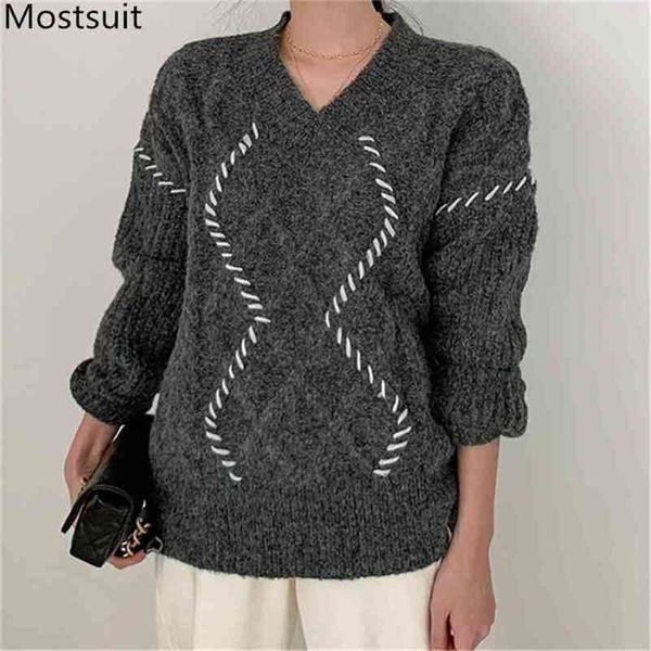 

korean vintage twisted knitted pullovers sweater women long sleeve v-neck loose fashion autumn winter casual knitwear 210513, White;black