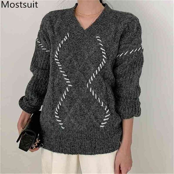 

korean vintage twisted knitted pullovers sweater women long sleeve v-neck loose fashion autumn winter casual knitwear 210513, White;black