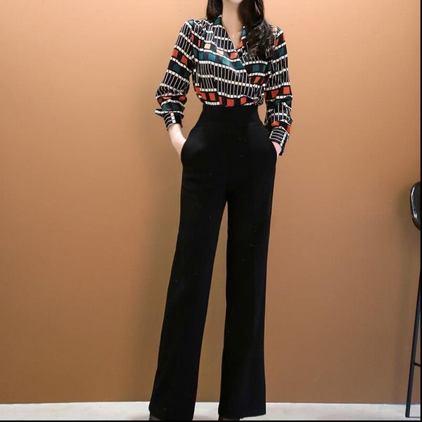 

office lady womens tracksuits 2 piece set women printed v neck long sleeve shirt black high waist full length, Gray