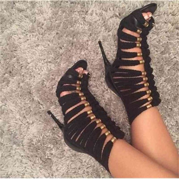 

sandals black fashion women gold cord sandals bolt strap prisoner style high heel ladies wearing back female zipper shoes gi3d