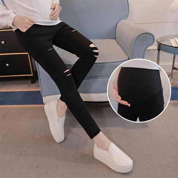 

maternity ripped hole pants spring summer high elastic waist pregnant women pregnancy trousers leggings belly clothes clothing 210918, White