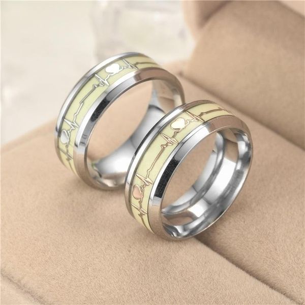 

wedding rings gold sliver lover glow in the dark green luminous heart ring stainless steel men women jewelry for gift, Slivery;golden