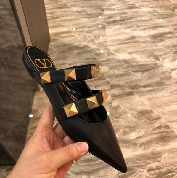 

sandals luxury brand designer rivets shoes v right genuine leather slipper flat women slippers ff2i, Black