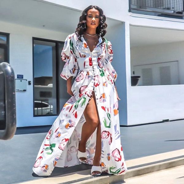 

casual dresses women floral print long maxi dress autumn puff sleeve deep v neck front high split floor length button up beach, Black;gray