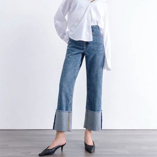 

women's flanging high waist nine point women's pants slim, Blue