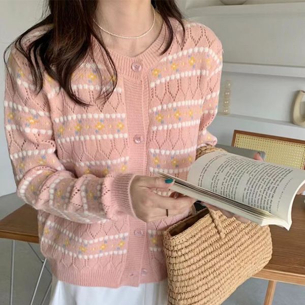 

casual striped cardigan for women hollow out o-neck long sleeve women&#39s sweater lazy autumn female coat winter knitwear top, White;black