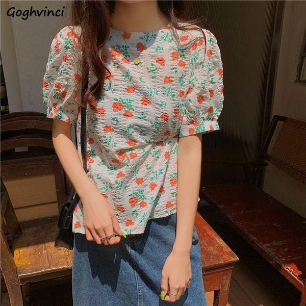 

women's blouses & shirts floral women puff-sleeve summer thin retro korean all-match classic blusas de mujer 2021 temperament harajuku, White