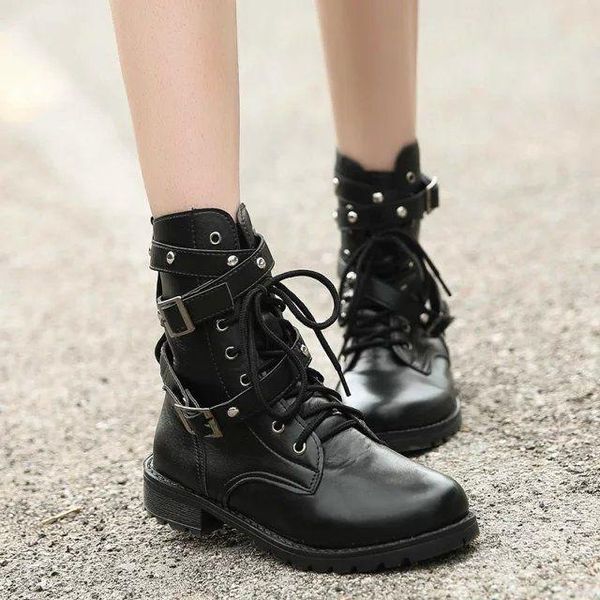 

ladies pu leather zipper non-slip lace-up boots platform women's shoes winter female drop women mid-calf, Black