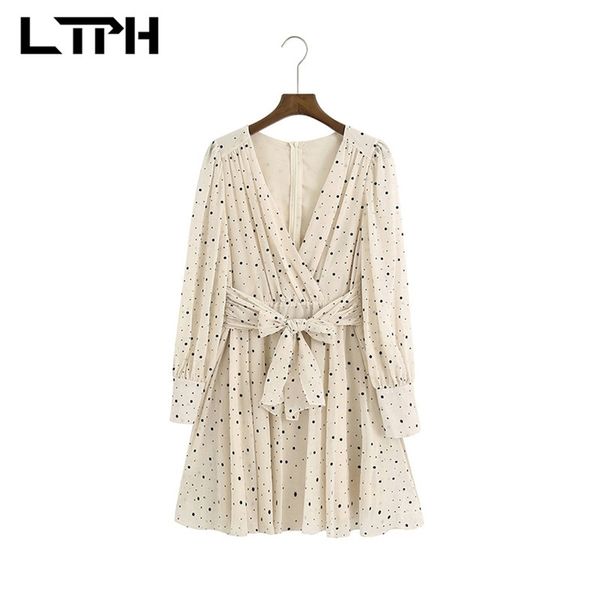 

ltph french vintage print chiffon dress women v-neck long sleeve sashes slim elegant a-line dresses spring autumn 210423, Tan;black
