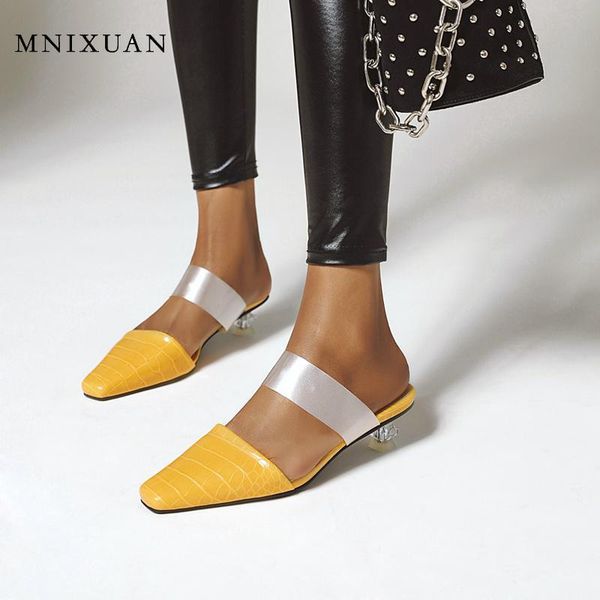 

slippers mnixuan mules shoes women transparent heel ladies sandals 2021 covered toe middle heels outdoor slides white yellow, Black