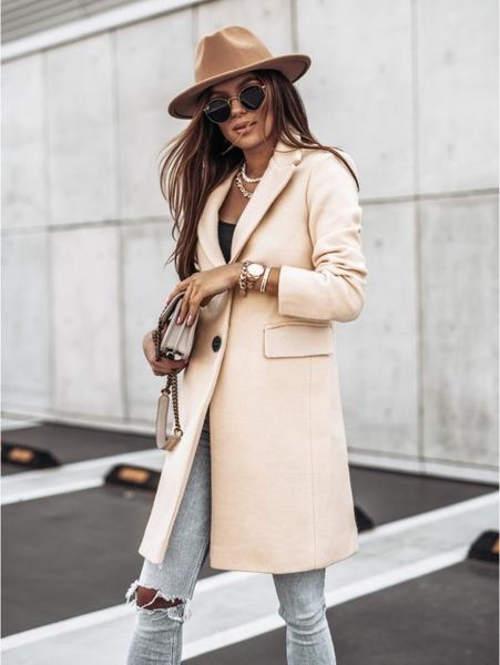 

women's trench coats simple autumn and winter women solid color tailored collar long-sleeved wool button coat for, Tan;black