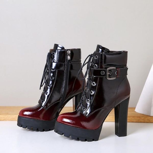 

boots womens patent leather match colors ankle belt buckle block high heel lace up punk motorcycle shoes plus size 2021, Black