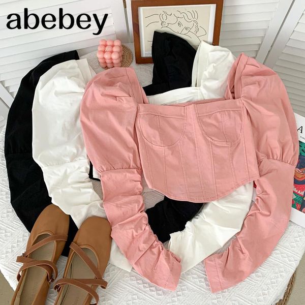 

women's blouses & shirts vintage square collar long sleeve shirt irregular design high waist pleated solid short 2021 spring autumn, White